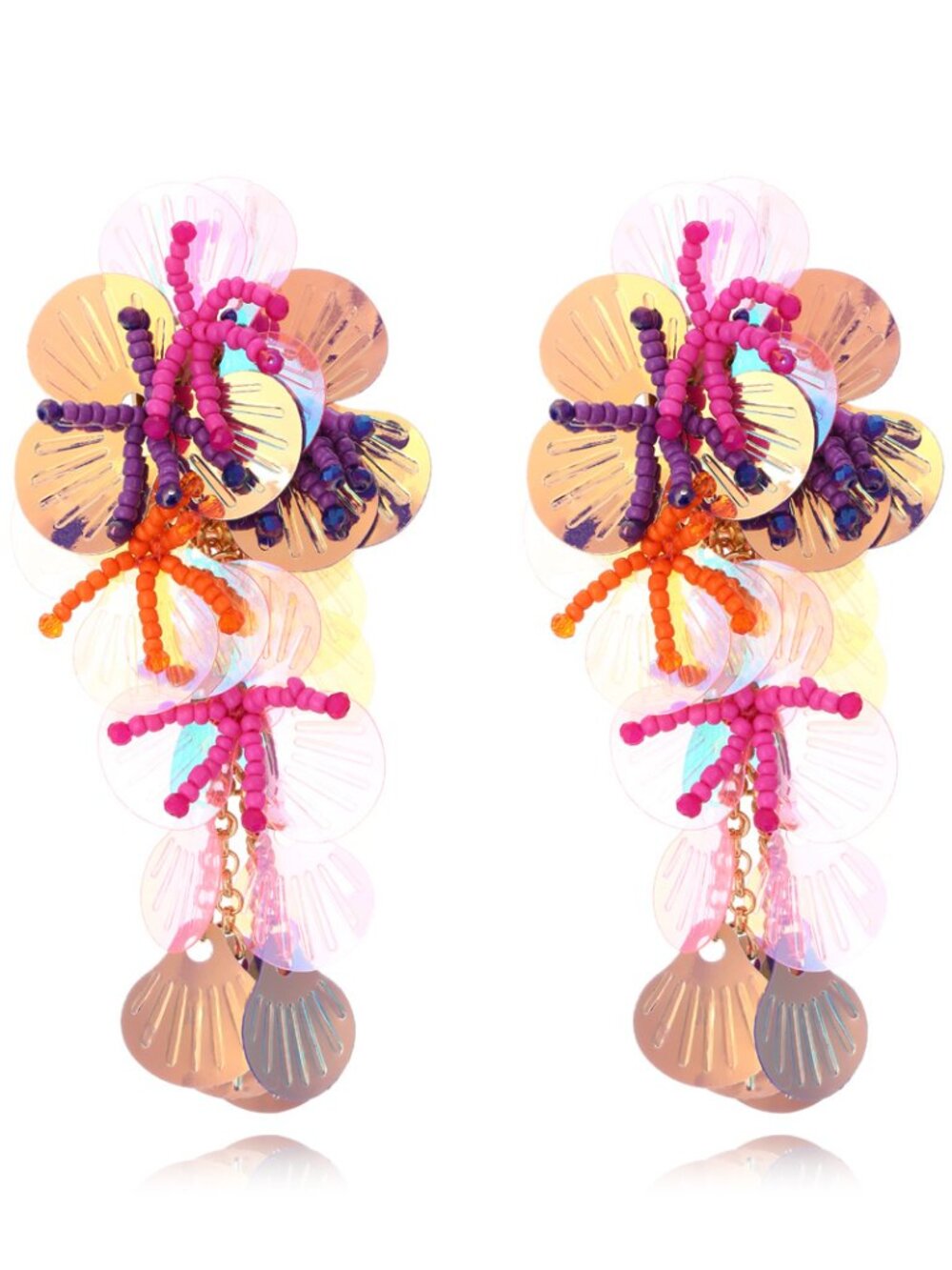 Zara Colorful Sequin Statement Earrings Floral Beaded Drop Ibiza Festival Bold J